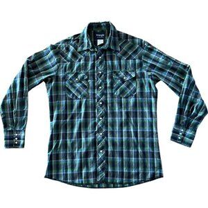 Vintage Wrangler Men's Pearl Snap Western Shirt Long Sleeve Green Plaid-  XLT